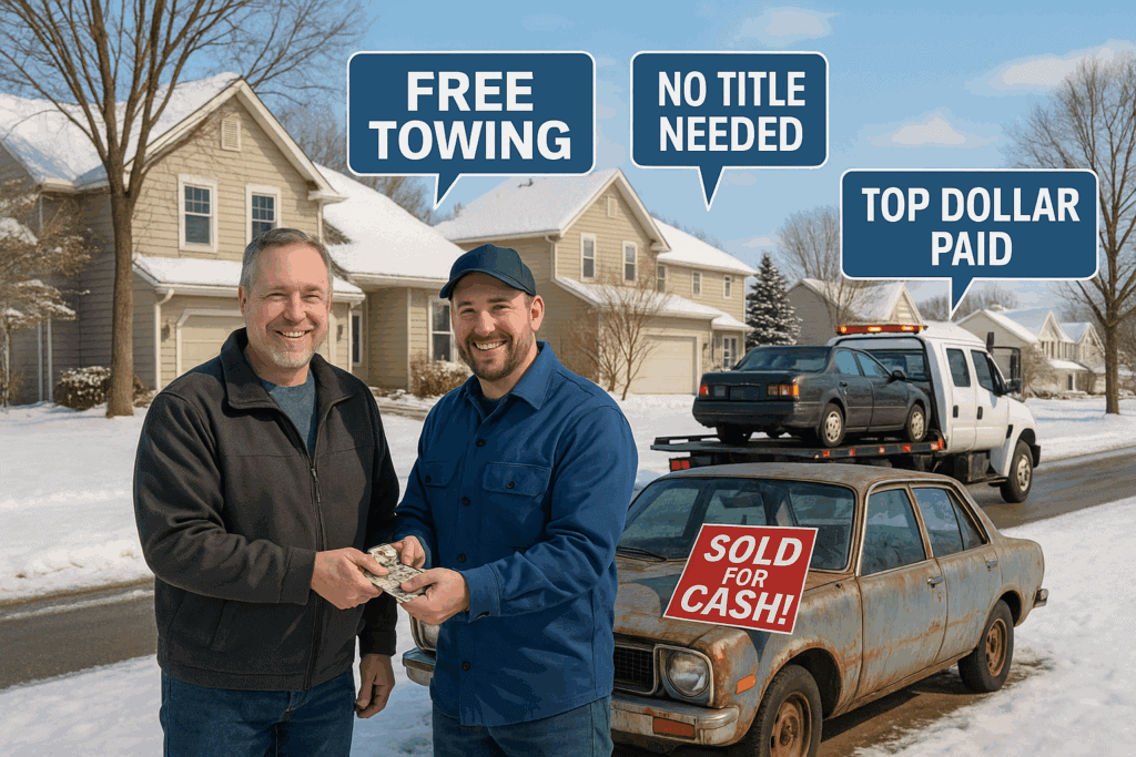 Two men shaking hands in front of a car with a sign that says free towing. Minneapolis Junk Car Buyers